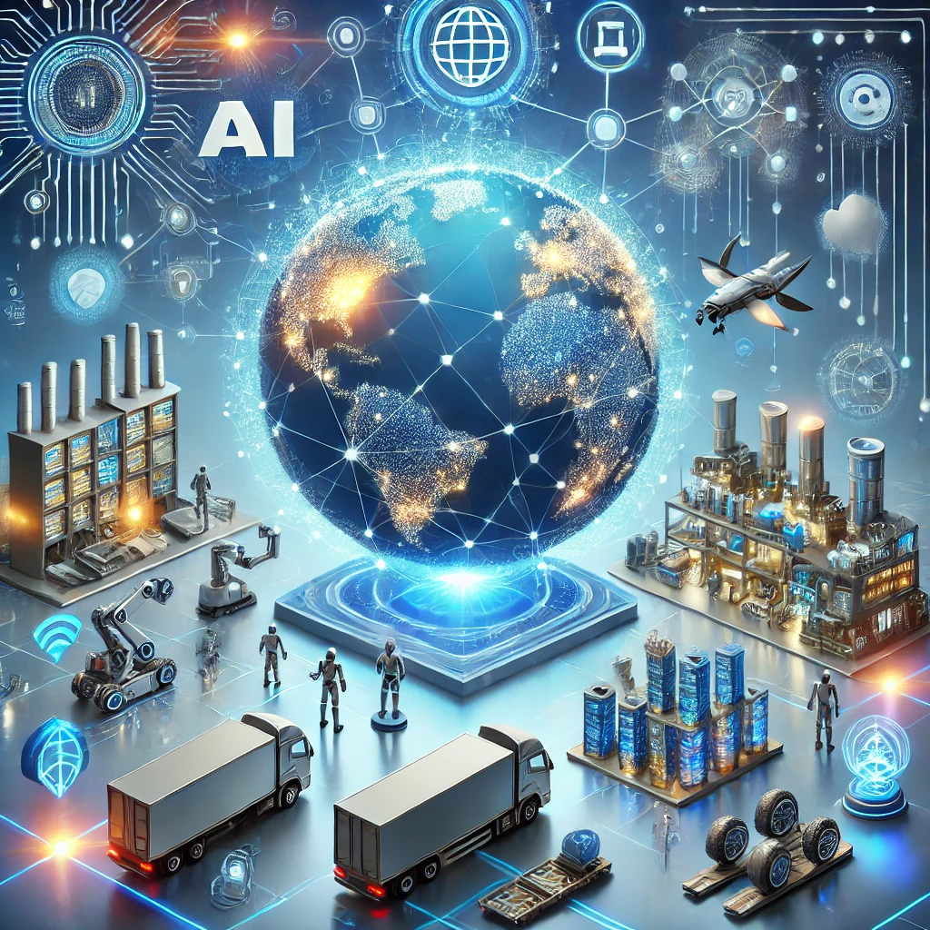 ilustração conceitual de uma cadeia de suprimentos Lean integrada com tecnologias de IA. A imagem destaca a automação logística com robôs e drones, redes de fornecedores colaborativos e dados fluindo entre hubs globais conectados.